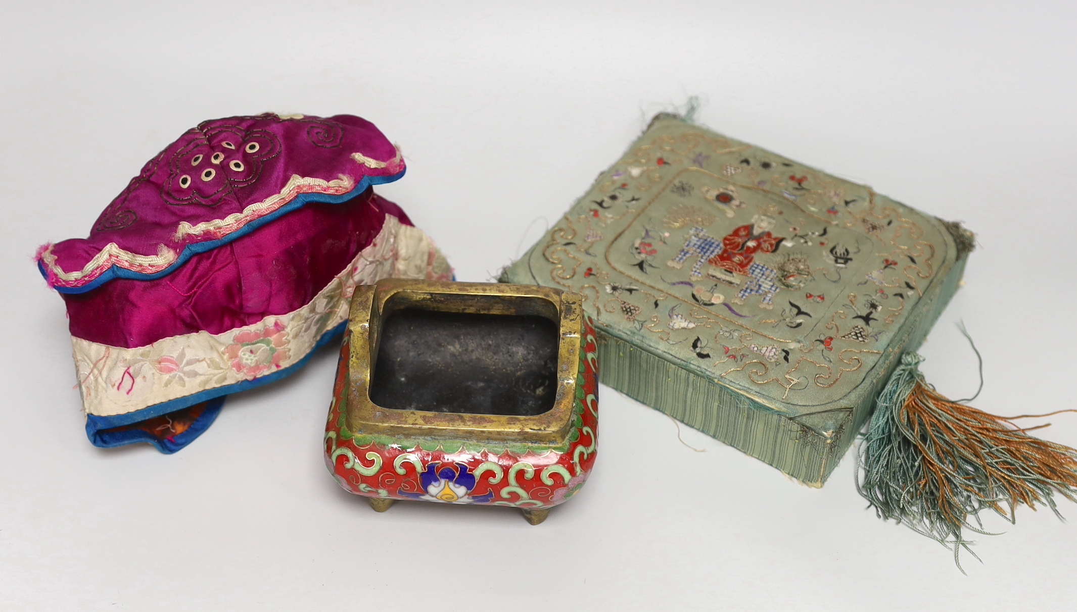 A Chinese cloisonné enamel censer, an embroidered hat and similar silk embroidered box (3)